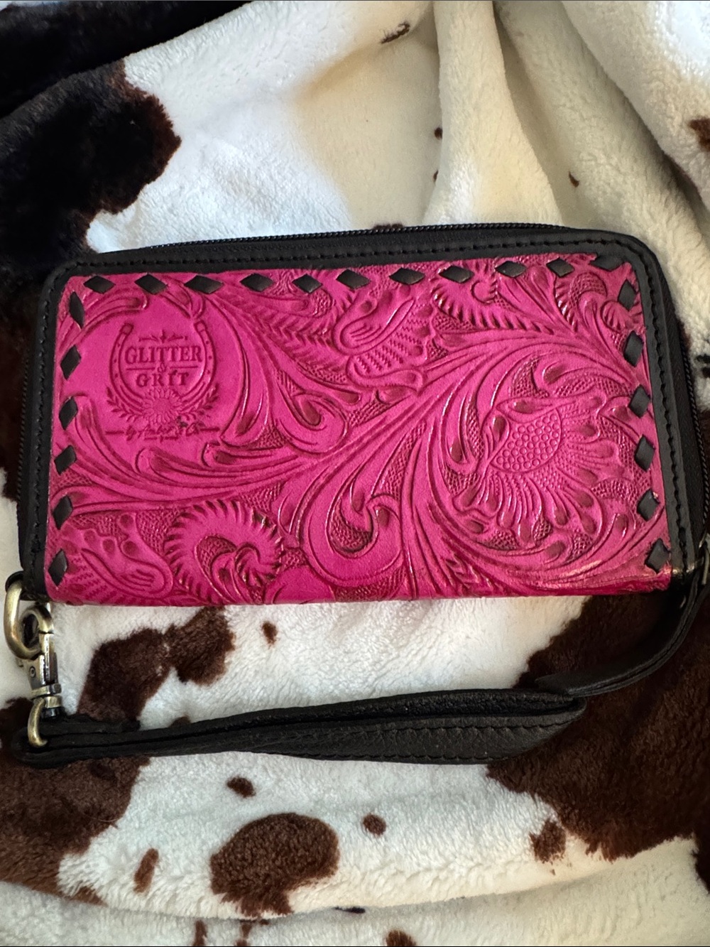 Pink Tooled Leather Wristlet Clutch
